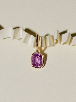 Pink Frosting Sapphire Emerald Cut Charm in Yellow 14k Gold