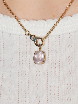 Cupid Rose Quartz Cushion Cut Charm in Yellow 14k Gold