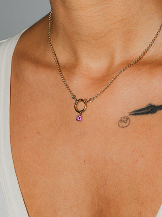 Magenta Garnet Square Cut Charm in Yellow 14k Gold