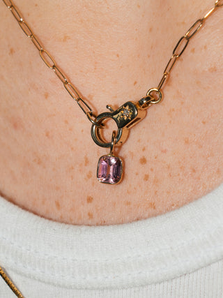 Bubble Gum Pink Tourmaline Emerald Cut Charm in Yellow 14k Gold