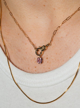 Bubble Gum Pink Tourmaline Emerald Cut Charm in Yellow 14k Gold