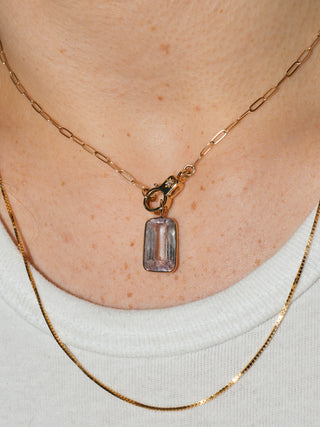 Pink + White Kunzite Emerald Cut Charm in Yellow 14k Gold