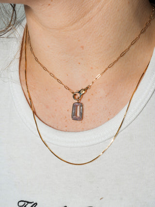 Pink + White Kunzite Emerald Cut Charm in Yellow 14k Gold