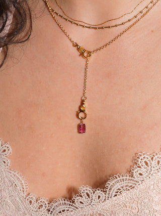 Guava Glow Pink Tourmaline Emerald Cut Charm in Yellow 14k Gold