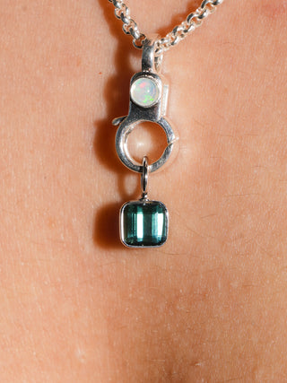 Short Lagoon Green Tourmaline Emerald Cut Charm in White 14k Gold