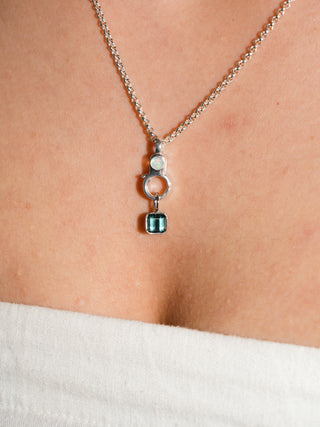 Short Lagoon Green Tourmaline Emerald Cut Charm in White 14k Gold