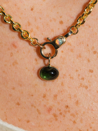 Micellar Green Tourmaline East to West Oval Cabochon Charm in Yellow 14k Gold