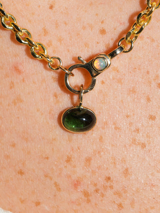 Micellar Green Tourmaline East to West Oval Cabochon Charm in Yellow 14k Gold