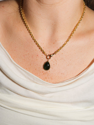 River Green Tourmaline Teardrop Cabochon Charm in Yellow 14k Gold