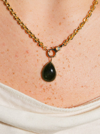 River Green Tourmaline Teardrop Cabochon Charm in Yellow 14k Gold