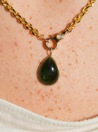 River Green Tourmaline Teardrop Cabochon Charm in Yellow 14k Gold