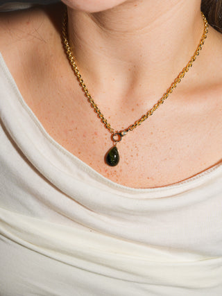 Safari Green Tourmaline Teardrop Cabochon Charm in Yellow 14k Gold