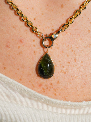 Safari Green Tourmaline Teardrop Cabochon Charm in Yellow 14k Gold