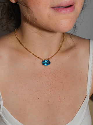 Big Baby Swiss Blue Topaz Gemela East West Oval Cut Charm in Yellow 14k Gold
