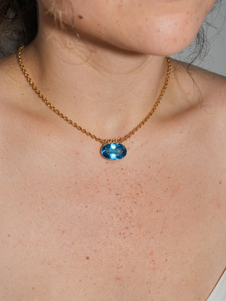 Big Baby Swiss Blue Topaz Gemela East West Oval Cut Charm in Yellow 14k Gold