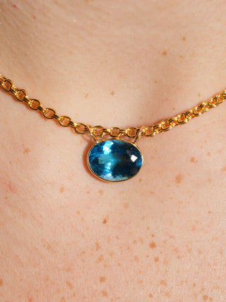 Royally Swiss Blue Topaz Gemela East West Oval Cut Charm in Yellow 14k Gold