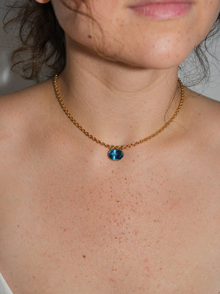 Royally Swiss Blue Topaz Gemela East West Oval Cut Charm in Yellow 14k Gold