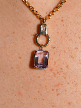 Prideful Pink Amethyst Emerald Cut Charm in Yellow 14k Gold