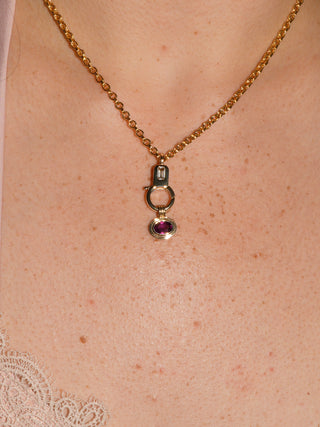 Fuzzy Plum Rhodolite Triple East to West Oval Cut Charm in Yellow 14k Gold