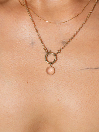 Floating Rose Quartz Round Cabochon Charm in Yellow 14k Gold