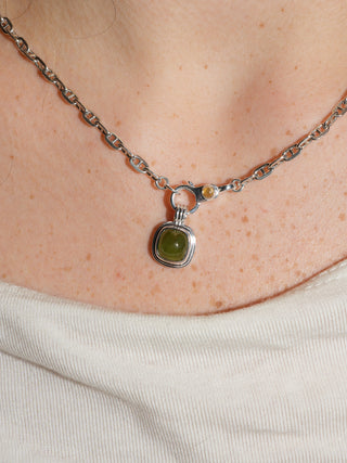 All Knowing Grossular Garnet Triple Cushion Cabochon Charm in Sterling Silver