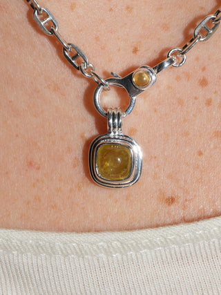 Curious Cat Grossular Garnet Triple Cushion Cabochon Charm in Sterling Silver