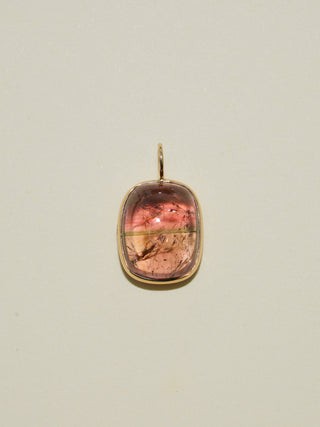 Green Flash Multi-Color Tourmaline Cushion Cabochon Charm in Yellow 14k Gold