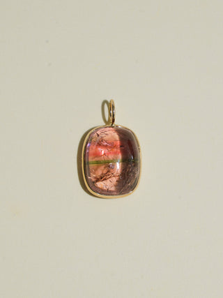 Green Flash Multi-Color Tourmaline Cushion Cabochon Charm in Yellow 14k Gold
