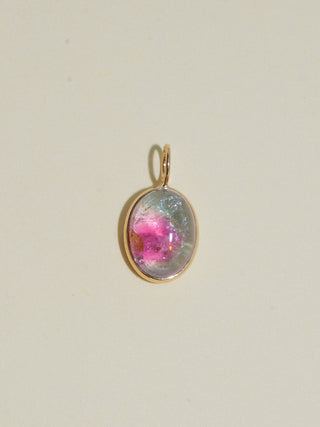 Cotton Candy Multi-Color Tourmaline Oval Cabochon Charm in Yellow 14k Gold