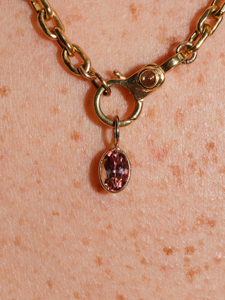 Hoopoe Pink Tourmaline Oval Cut Charm in Yellow 14k Gold