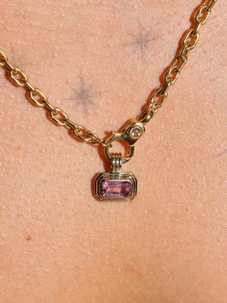 Wedding Boquet Pink Tourmaline Triple East to West Emerald Cut Charm in Yellow 14k Gold