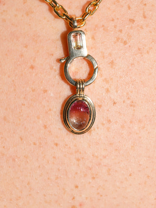 Strawberry Matcha Multi-Color Tourmaline Triple Oval Cabochon Charm in Yellow 14k Gold