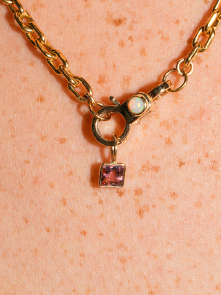 Dragon Fruit Pink Tourmaline Square Cut Charm in Yellow 14k Gold