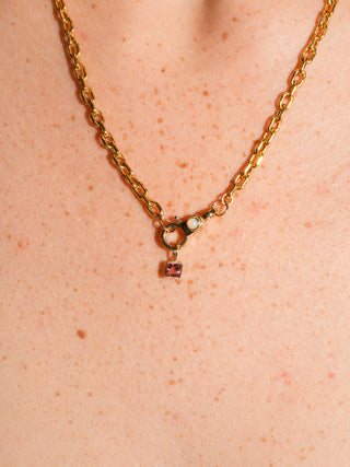 Dragon Fruit Pink Tourmaline Square Cut Charm in Yellow 14k Gold