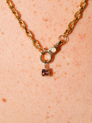 Dragon Fruit Pink Tourmaline Square Cut Charm in Yellow 14k Gold
