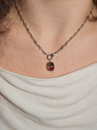 Watermelon Sour Candy Tourmaline Cushion Cabochon Charm in White 14k Gold