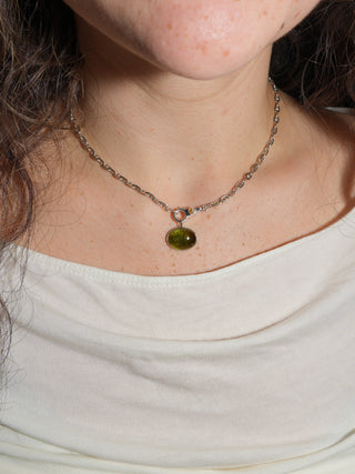 Green Sugar Tourmaline East to West Oval Cabochon Charm in White 14k Gold
