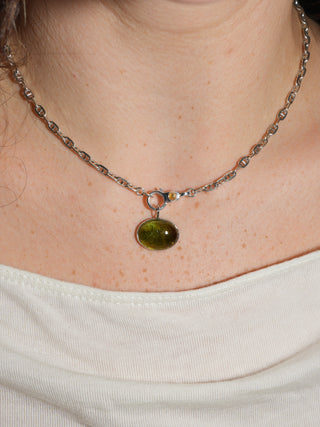 Green Sugar Tourmaline East to West Oval Cabochon Charm in White 14k Gold